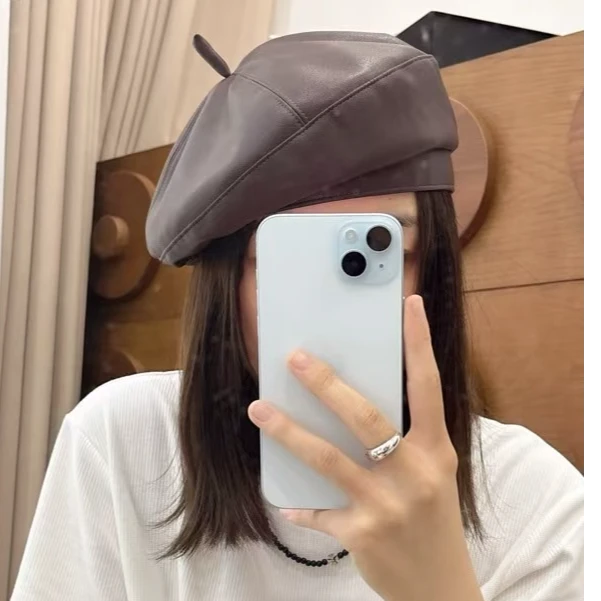 【SJ】2024新款显脸小韩系复古PU软皮贝雷帽百搭日系帽秋冬南瓜帽子