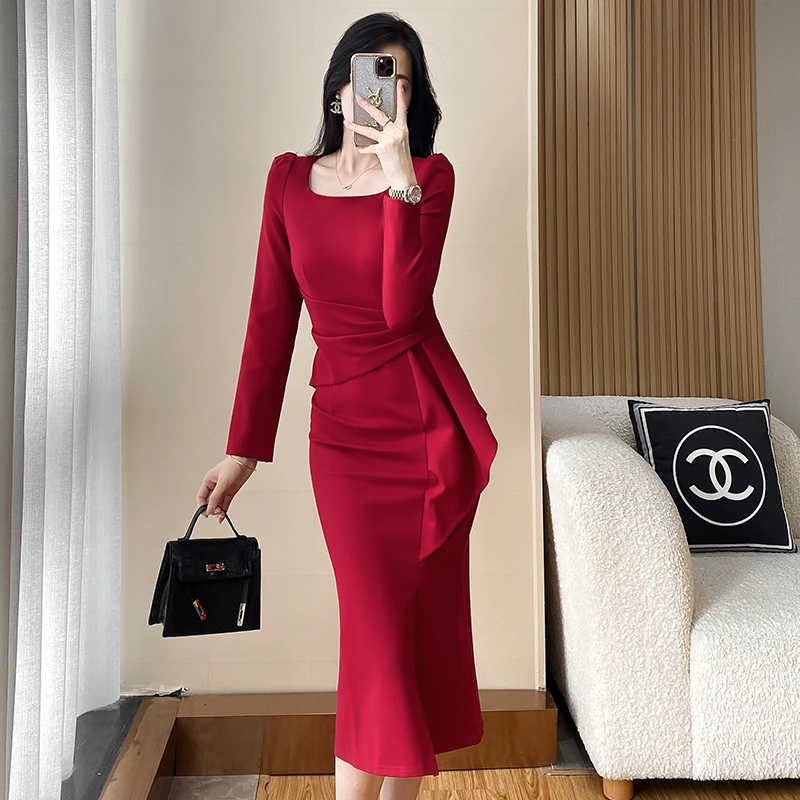 【木】秋冬款法式时尚轻奢秋冬气质收腰显瘦修身连衣裙2262