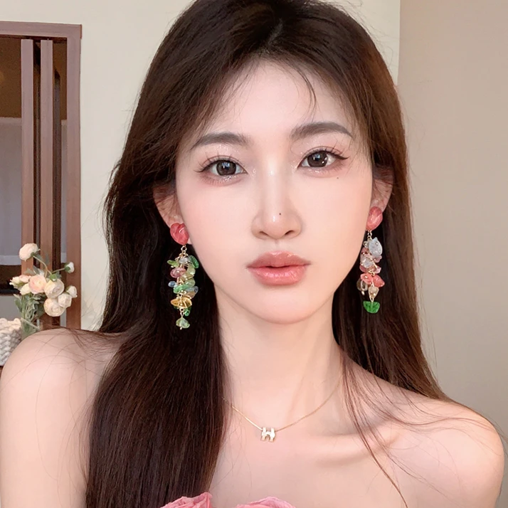 合金亚克力耳饰 粉色长款流苏轻奢气质耳钉仙女时尚百搭小众耳环