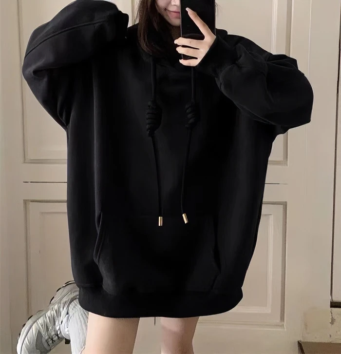 秋冬【美式大抽绳】情侣款ins慵懒风纯色宝宝绒加厚百搭中长款卫衣