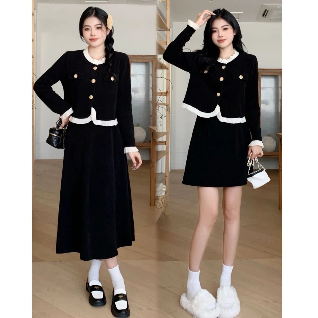 大码女装新款气质时尚高级感赫本减龄显瘦拼接小香风两件套装