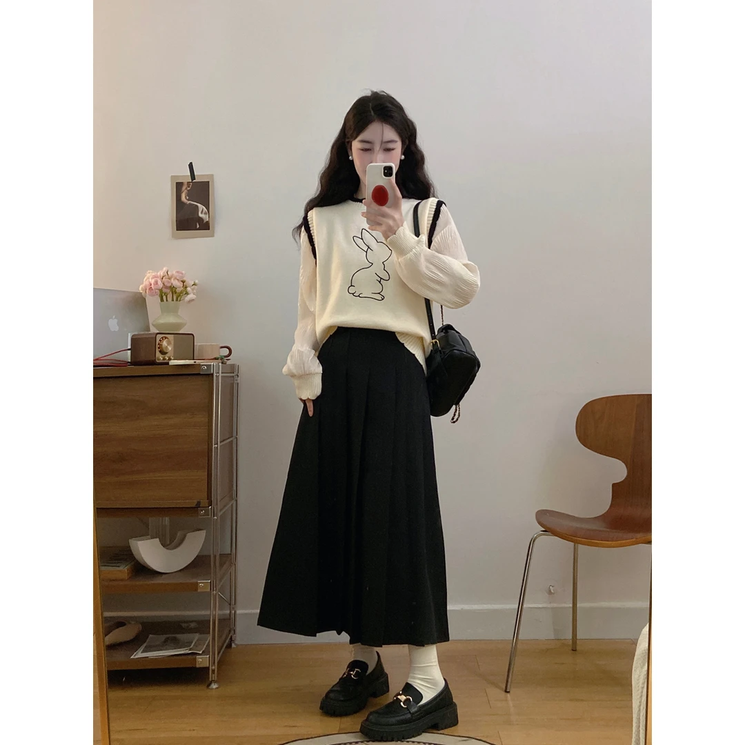 大码女装宽松拼接灯笼袖针织衫+高腰显瘦中长款百褶裙两件套女