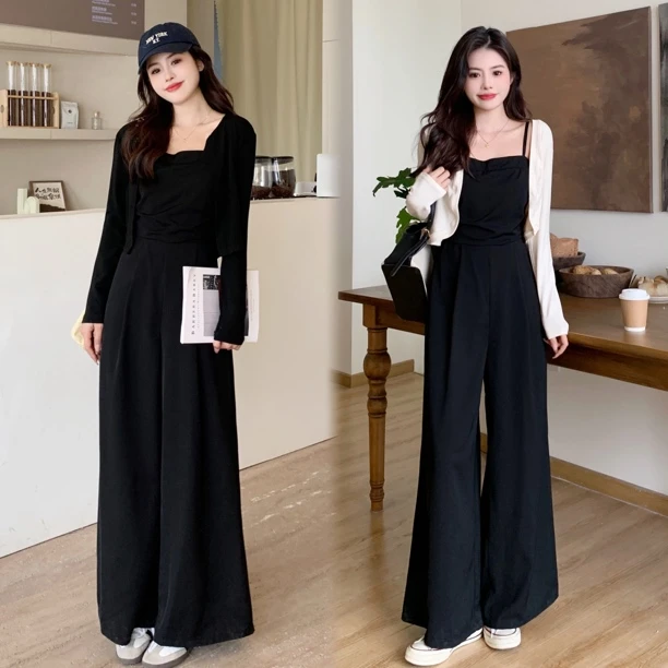 新款黑色收腰显高吊带连体裤阔腿裤+开衫外套两件套套装