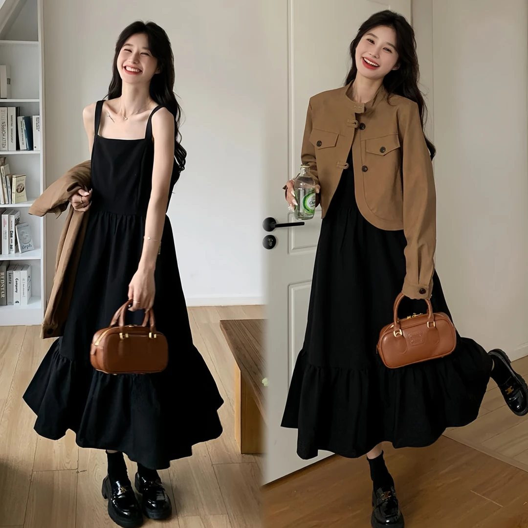 美拉德短外套连衣裙早秋盐系穿搭高级感气质显瘦长裙两件套