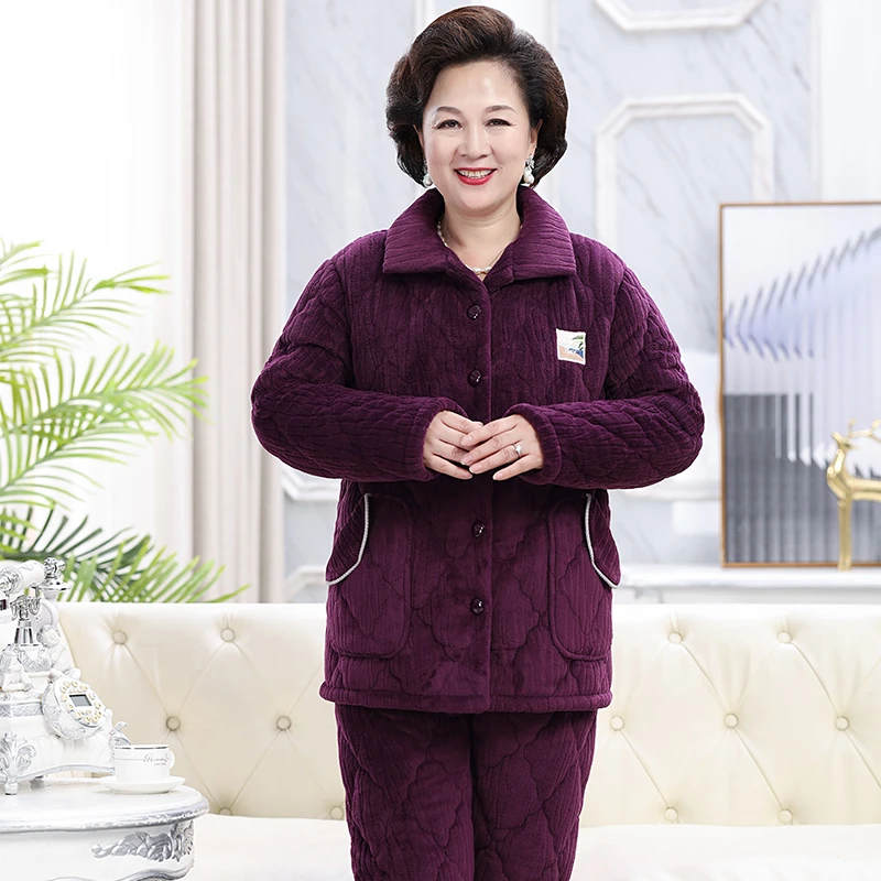 冬季中老年睡衣女牛奶绒三层夹棉加厚加绒套装老人保暖家居服大码