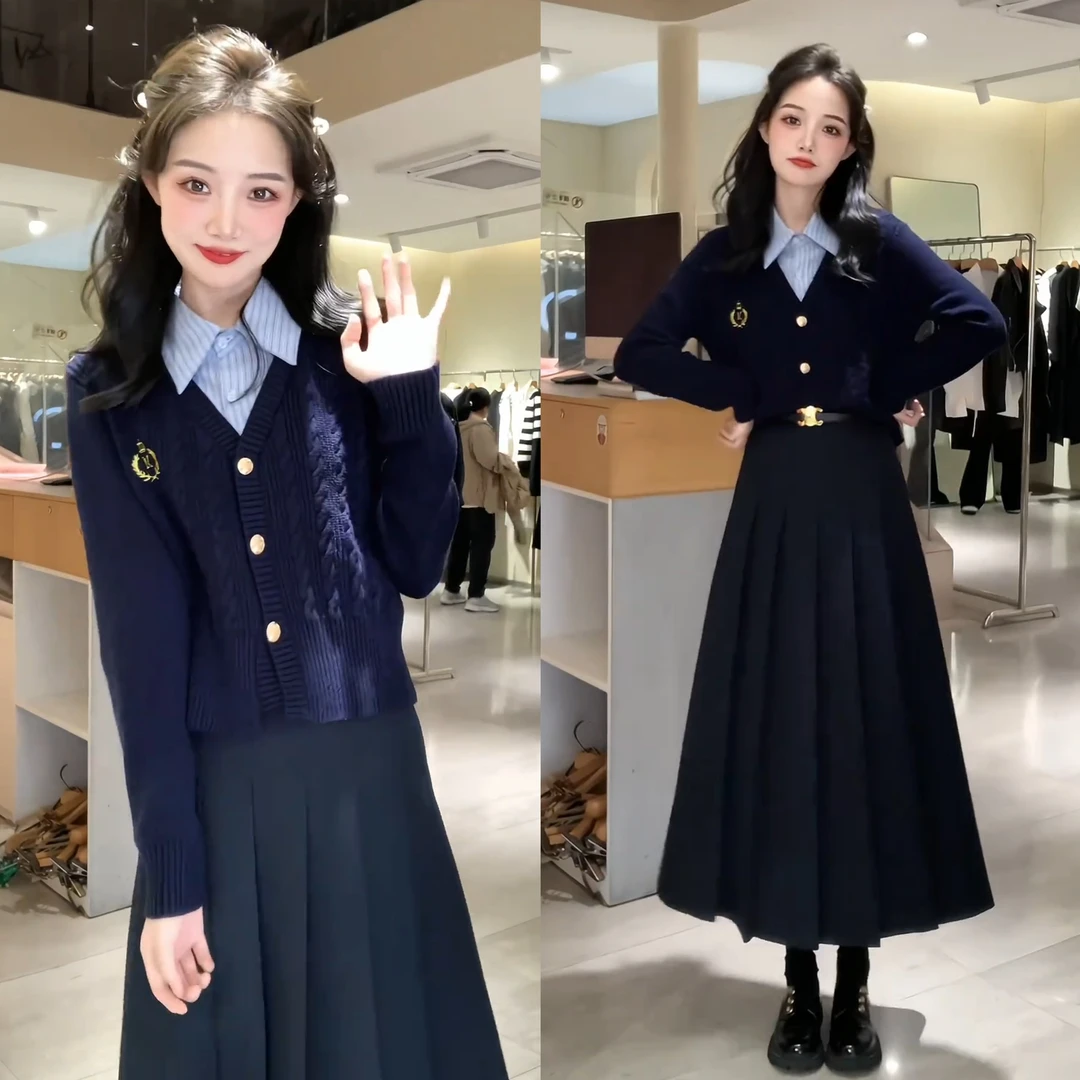 洋气学院风设计感拼色假两件针织开衫女高腰显瘦百褶半身裙两件套