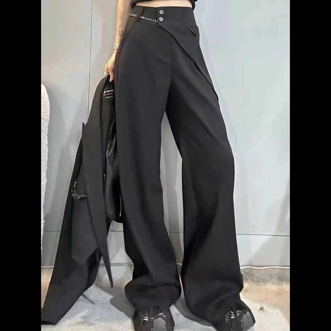 【玫瑰缘】欧货丝带数字腰新款百搭时尚气质设计师加厚斜片直筒裤