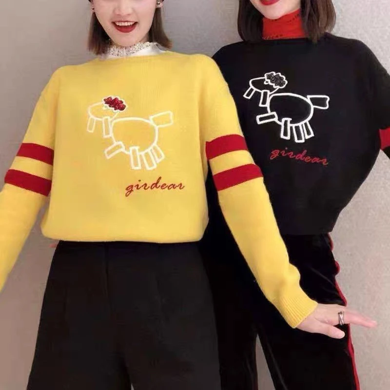 GIRDEAR/哥弟圆领提花羊毛短款宽松针织毛衣1399401-7T02611-006