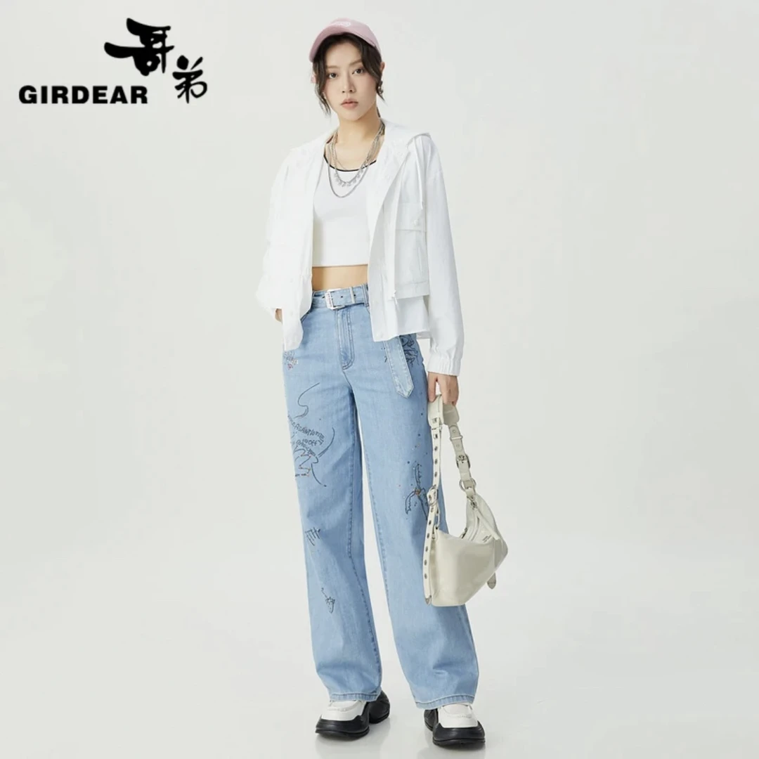 GIRDEAR/哥弟时尚美好相伴系列精致烫钻高腰小直筒牛仔裤1100461