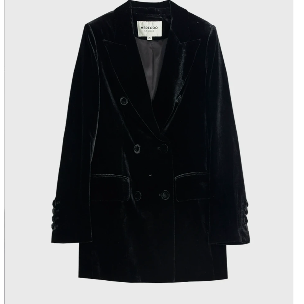 MEDECOO/墨蒂珂经典双排扣西装领真丝绒外套SID31122