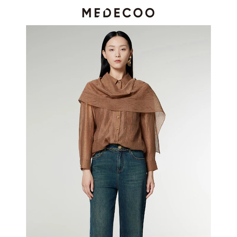 MEDECOO/墨蒂珂秋季新款 直身两件套中长款提绉圆摆衬衫MID50209
