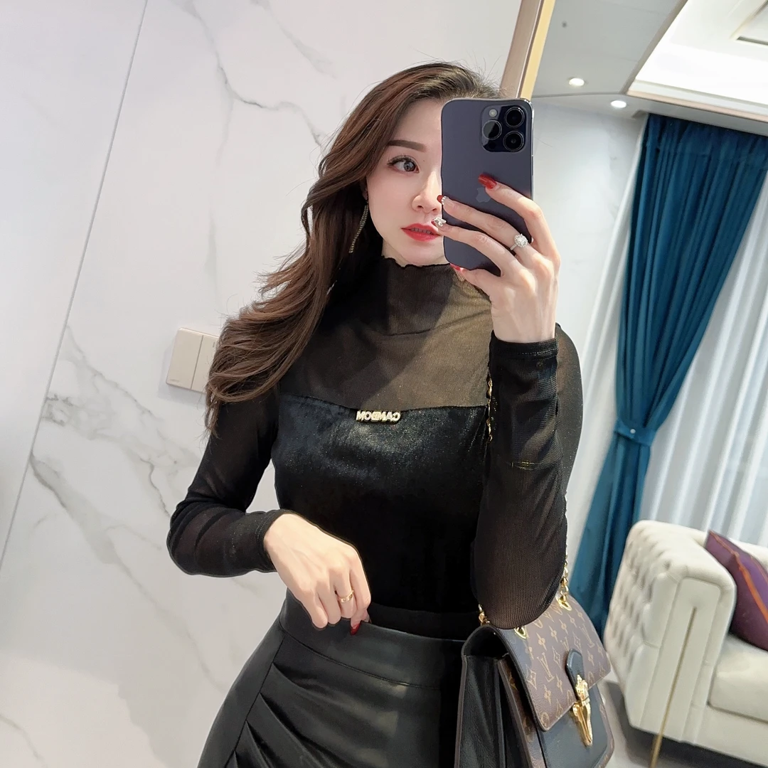 8707【晓婷精选】秋冬新款打底衫网纱拼丝绒修身上衣半高领显瘦上衣