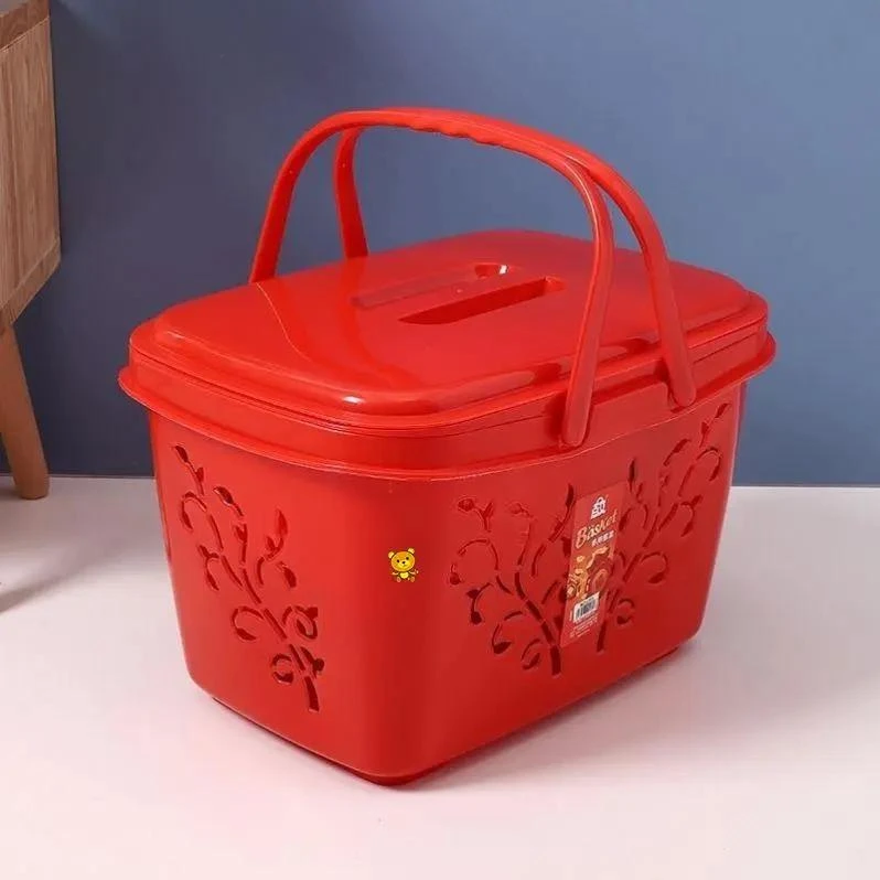 拜神篮子手提带盖双层喜庆红色结婚用喜篮子郊游野餐篮春游收纳筐
