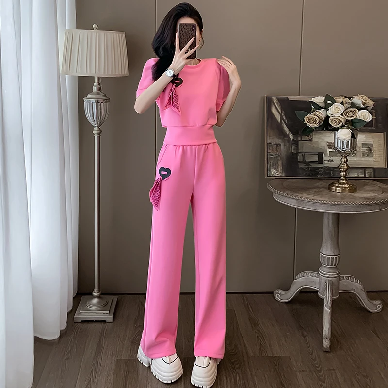 欧货炸街休闲运动套装女夏季洋气显瘦粉色短袖高腰阔腿裤两件套潮