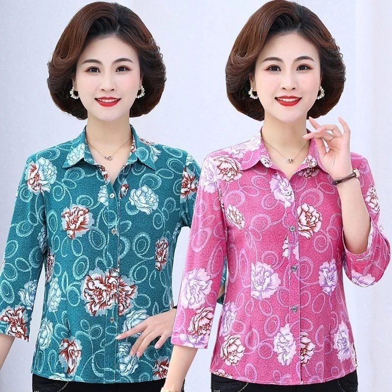 中老年春秋季衬衫女七分袖奶奶装翻领冰丝衬衣老太太妈妈装宽上衣