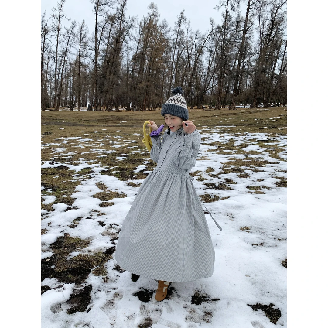 秋屿頔moment 自制 秋冬百搭休闲细格子长袖连衣裙