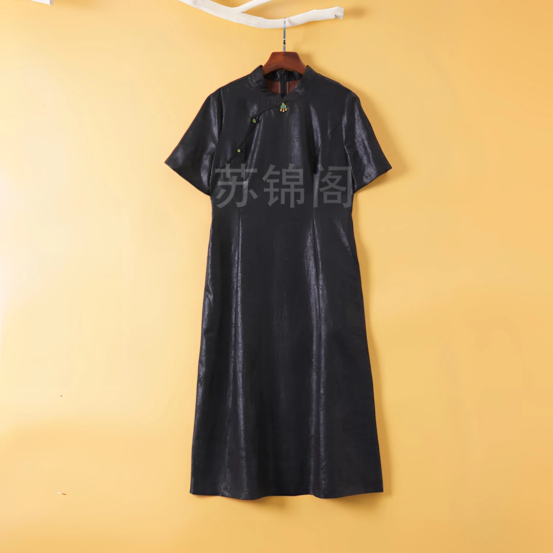 243-6-1479香云纱老料百分百桑蚕丝手工缝扣2024爆款新中式连衣裙