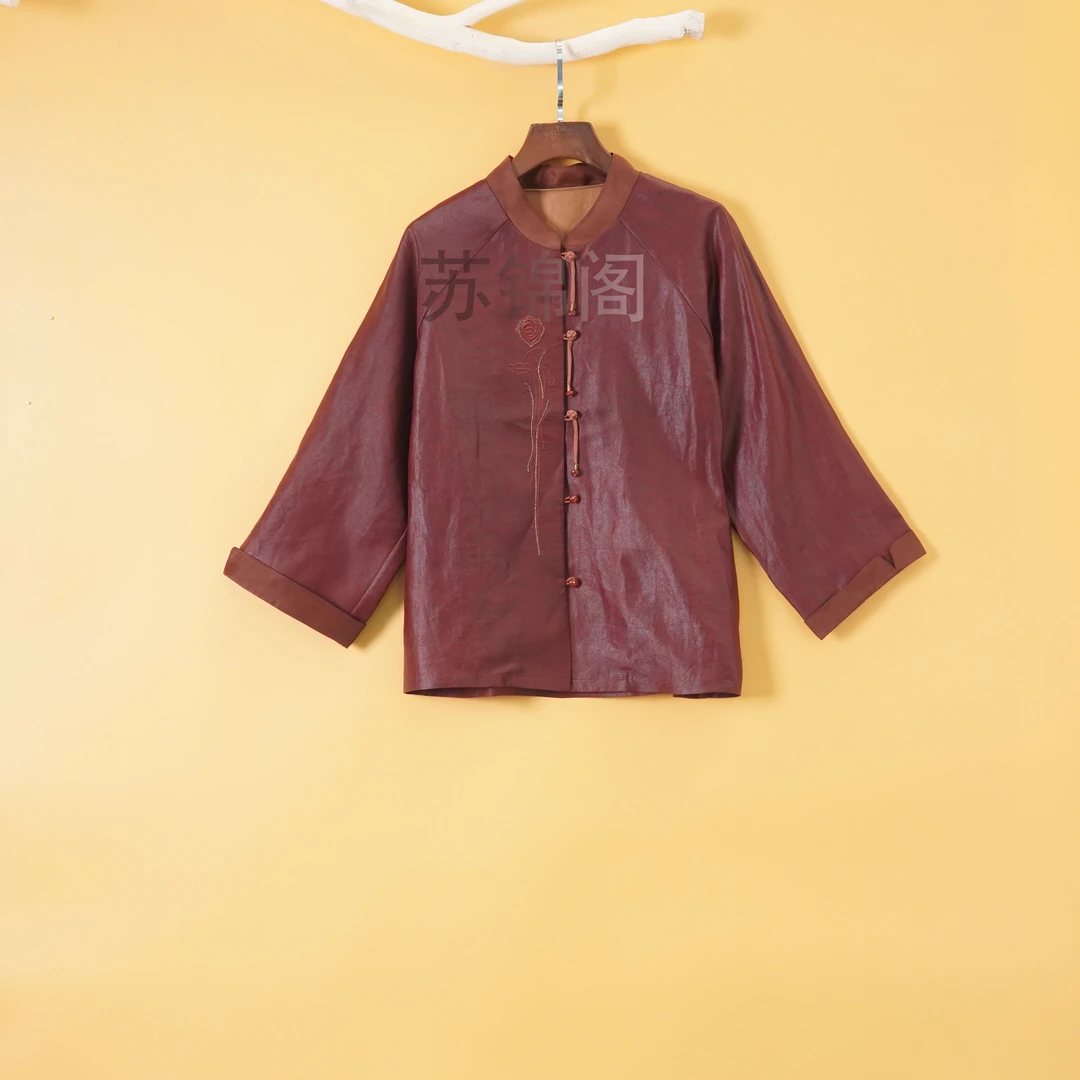 1132-16658百分百桑蚕丝高品质高端香云纱老料龟裂纹新款衬衫