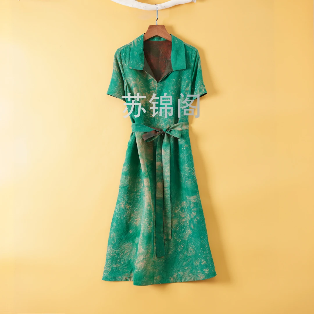 358-9-86190桑蚕丝香云纱扎染彩龟2024爆款收腰连衣裙显瘦气质