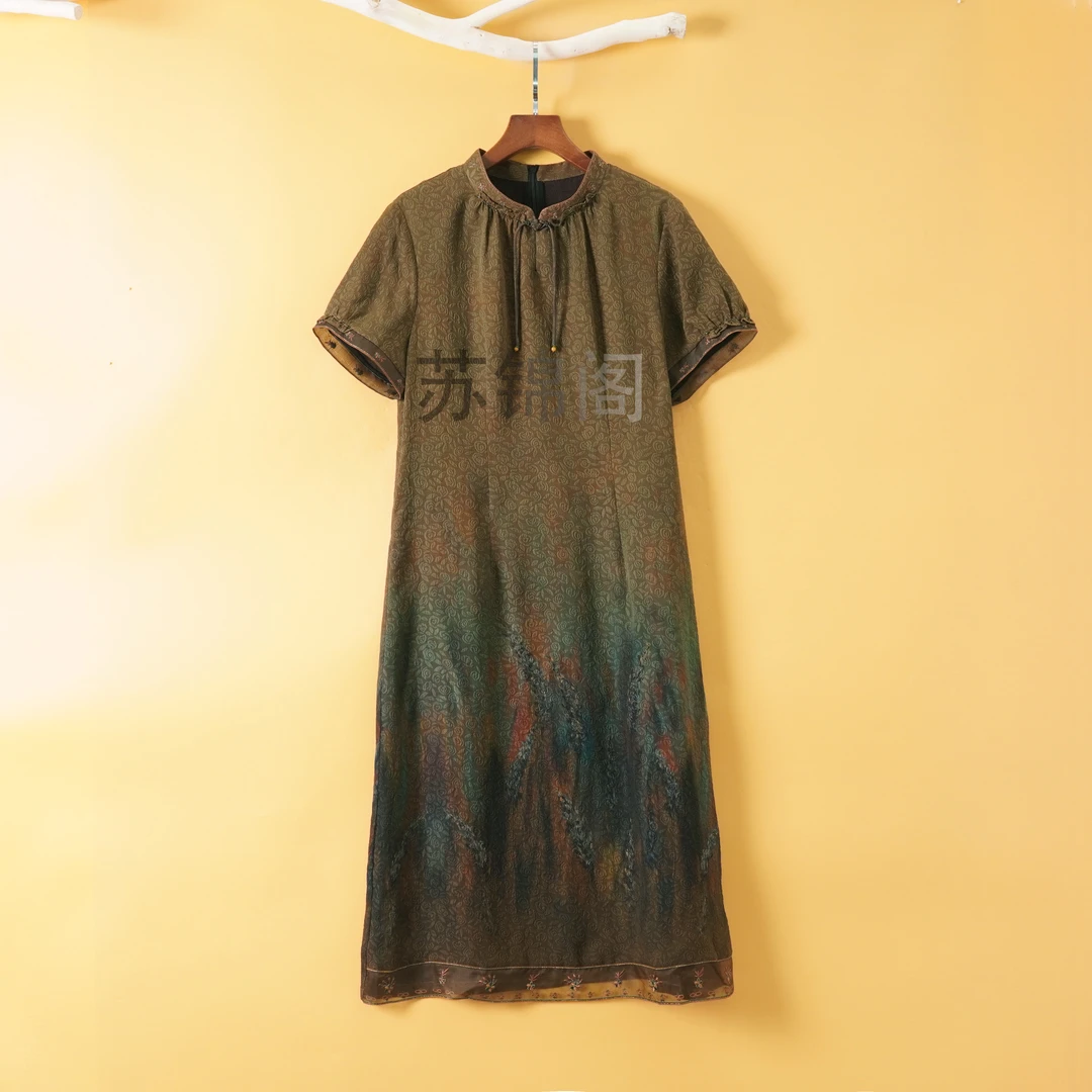 1085-5-68189百分百桑蚕丝香云纱冠乐绉扎染拼接爆款新中式连衣裙