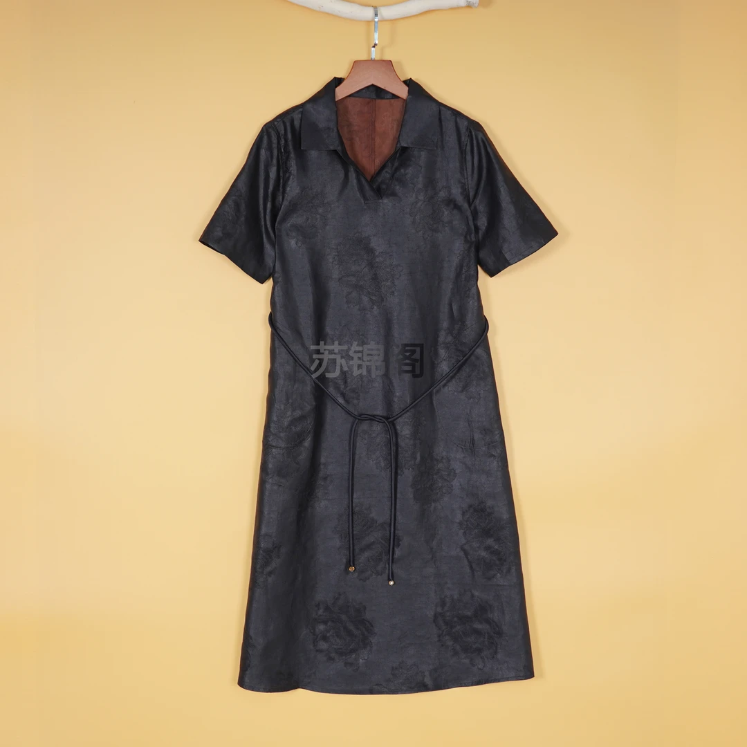 666-6-JY-DL1025桑蚕丝复古黑色休闲女士宽松连衣裙连衣裙新中式