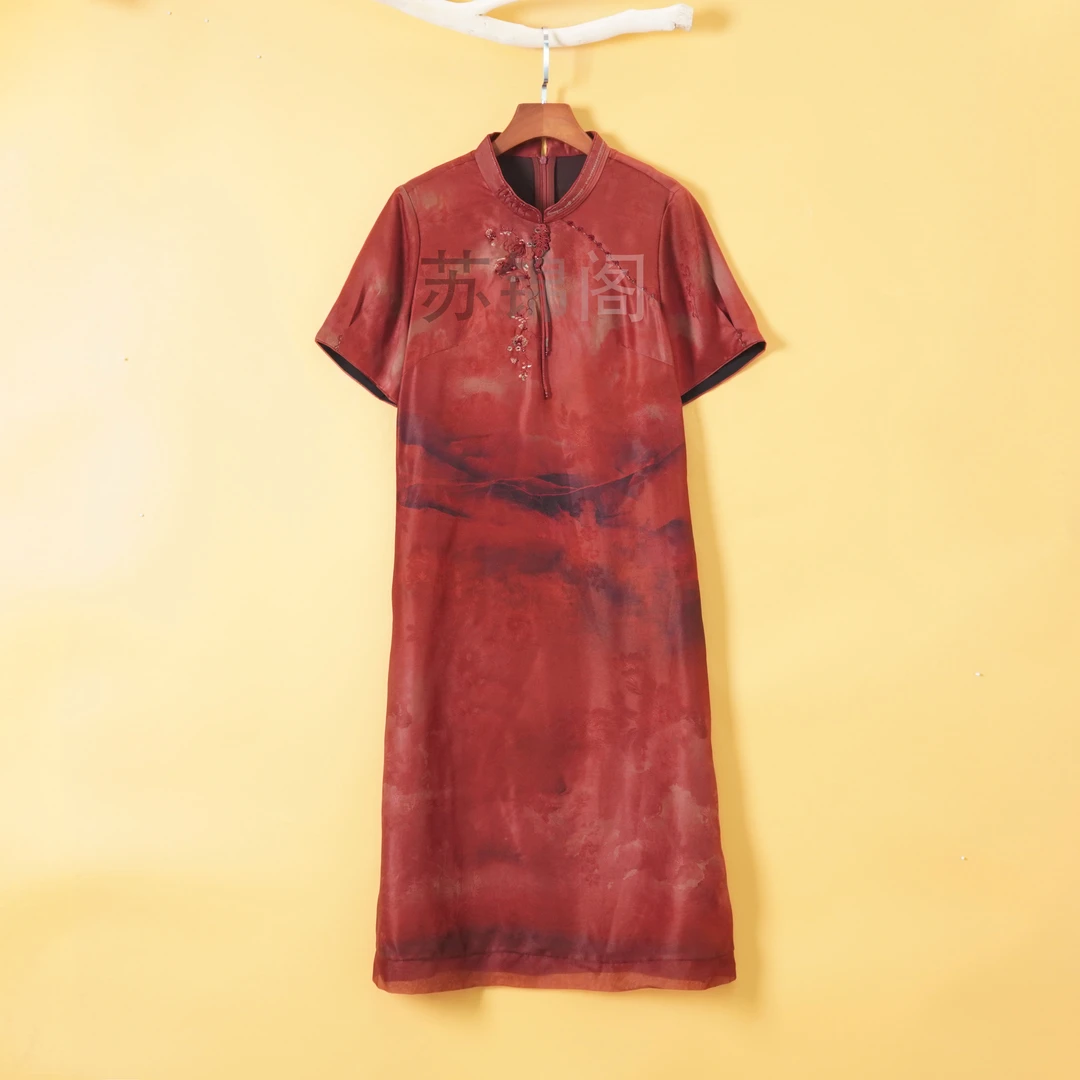 1330-68195百分百桑蚕丝新款爆品高端香云纱刺绣秋款新中式连衣裙