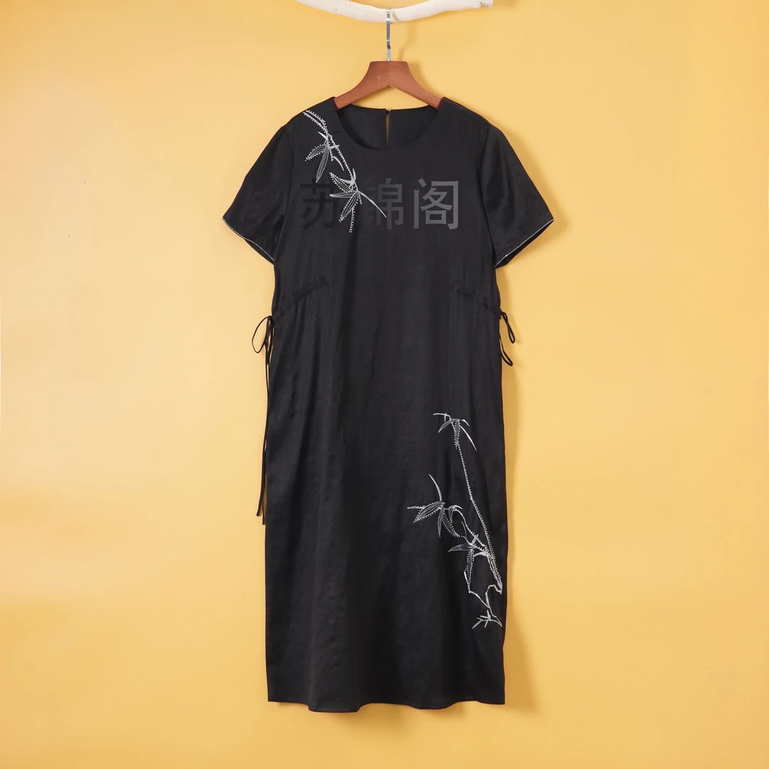 1192-1827百分百桑蚕丝高品质高端重锻高定香云纱刺绣新款连衣裙