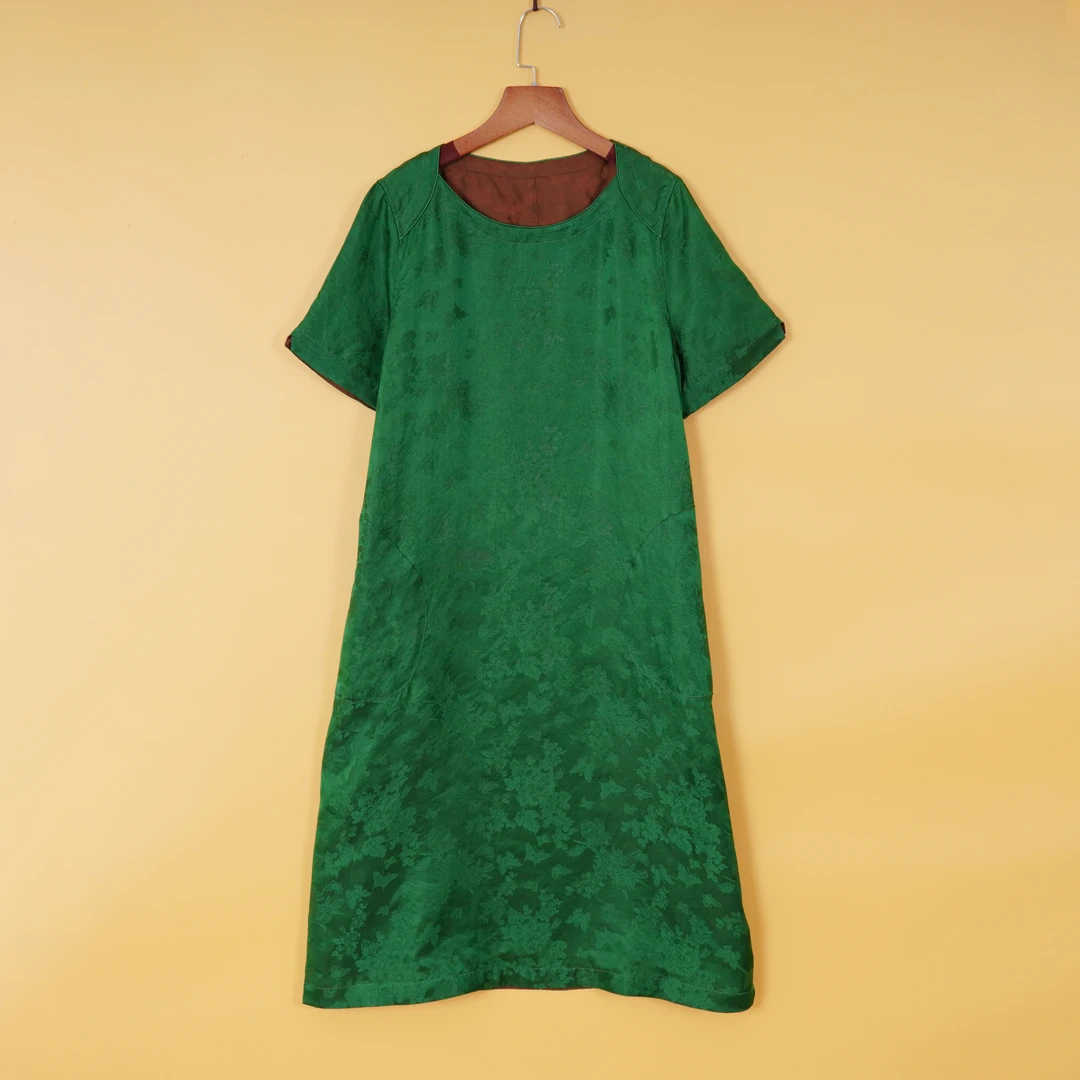 560-9-8252桑蚕丝女士复古收腰气绿色中国风质新中式连衣裙