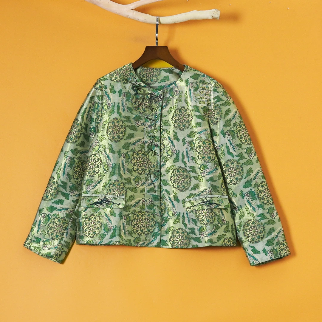 1458-SQW1137绿色宋锦外套长袖时尚休闲复古宽松中式印花立领