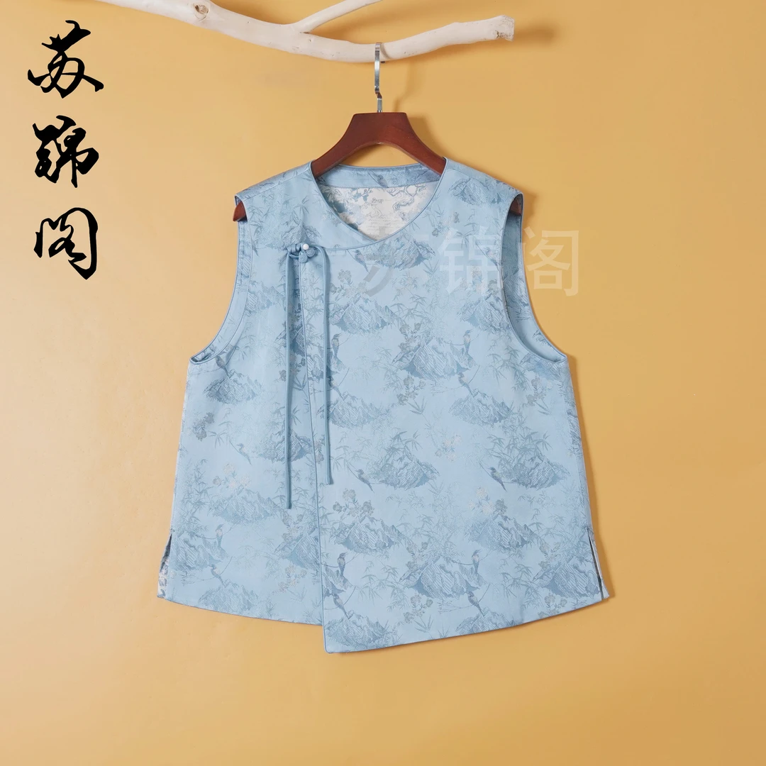 1533-335252-宋锦马甲牛仔蓝色时尚夏季马夹印花提花满印国风复古