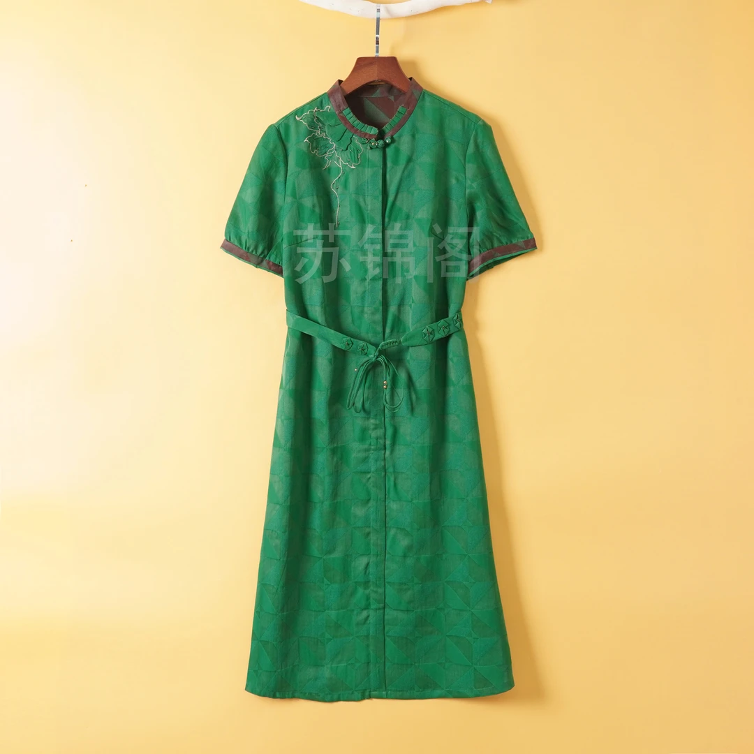 1039-5-1885桑蚕丝香云纱花萝刺绣拼接设计款高品质新款连衣裙