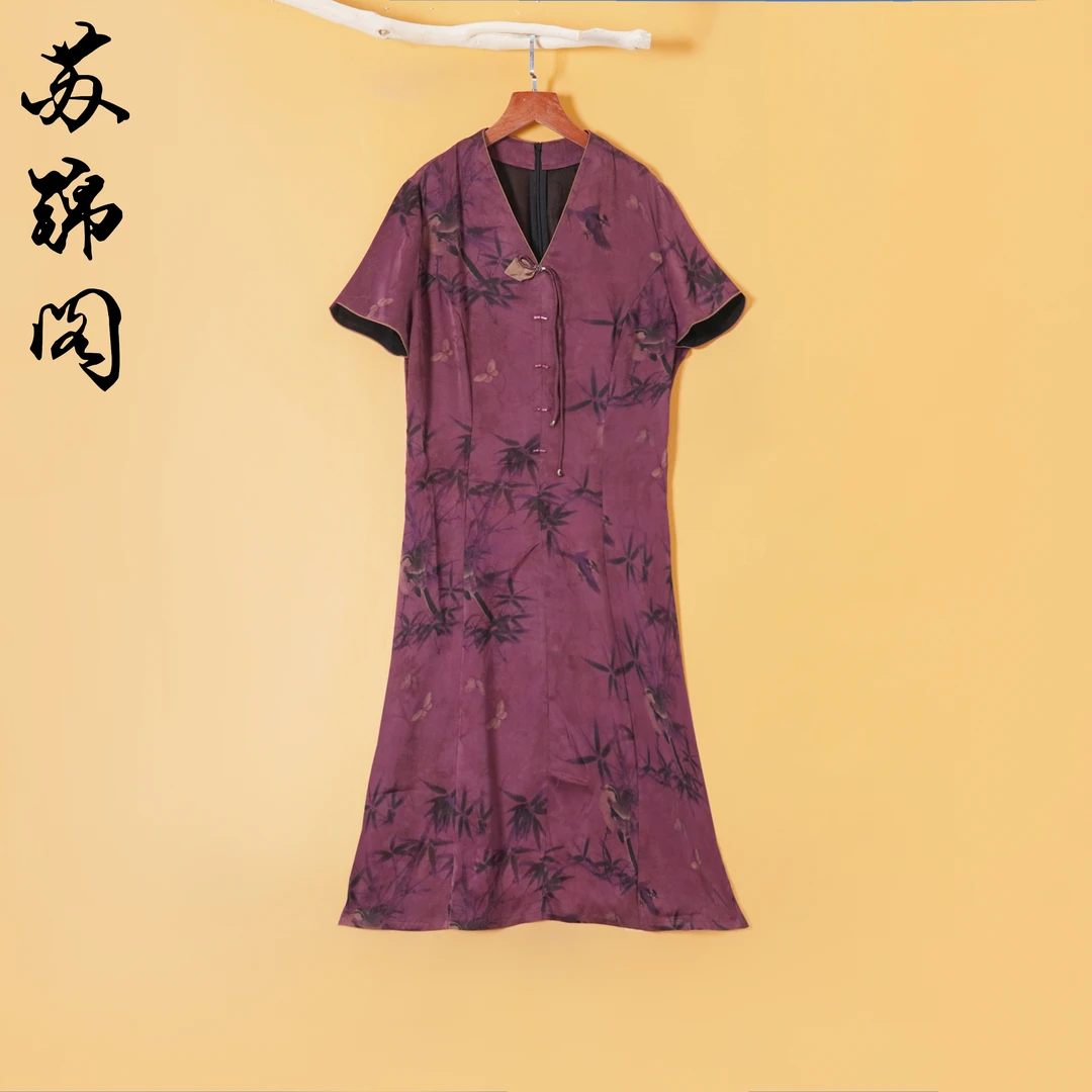 1638-X2165-1新款高档气质百分百桑蚕丝香云纱连衣裙高端上档次