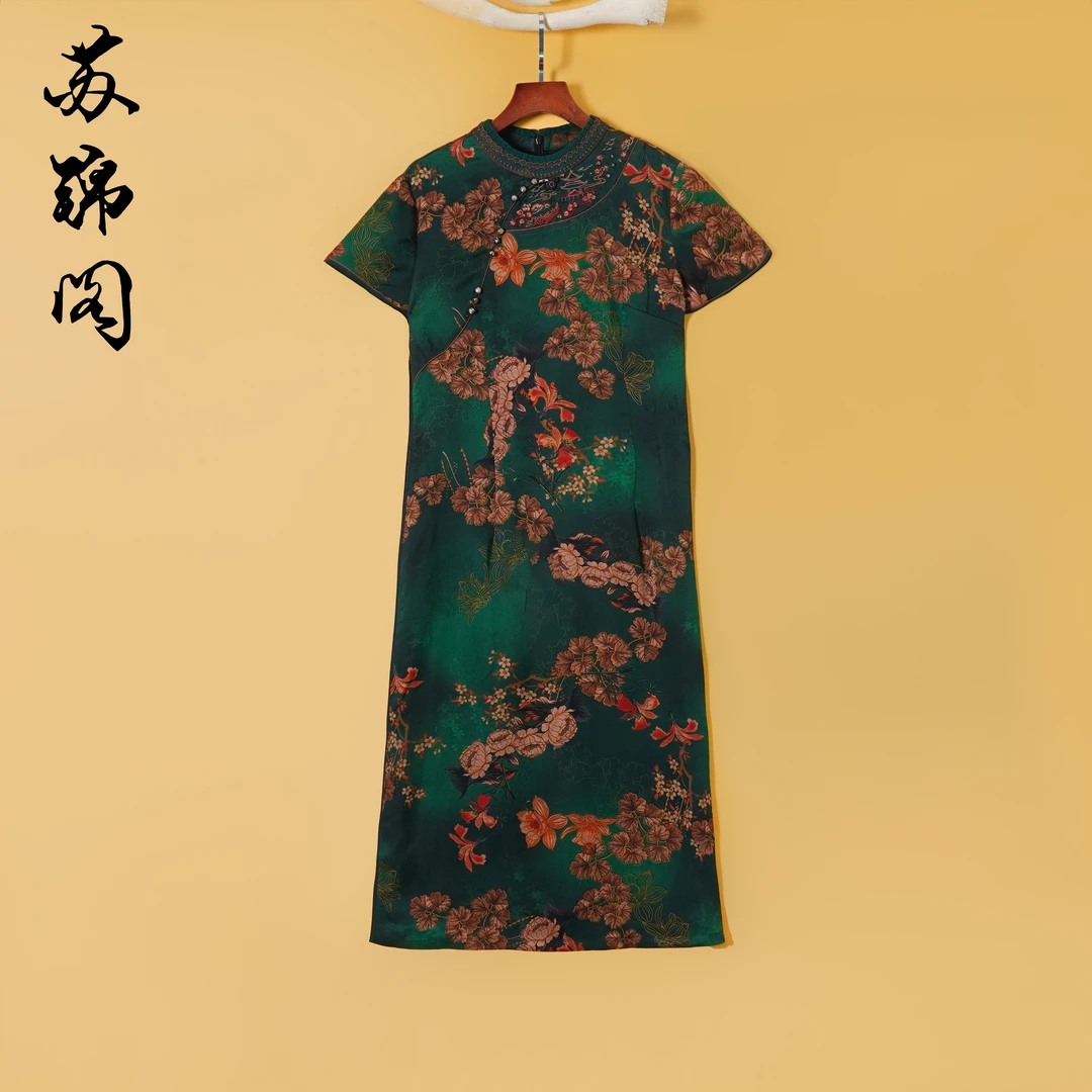 1645-A221826新款高档气质百分百桑蚕丝香云纱花罗连衣裙洋气高贵