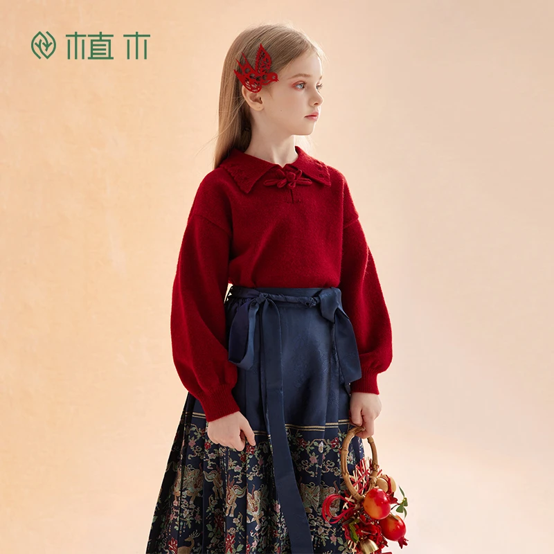 植木童装新中式女童毛衣秋冬2024新年服儿童毛衣54M053003