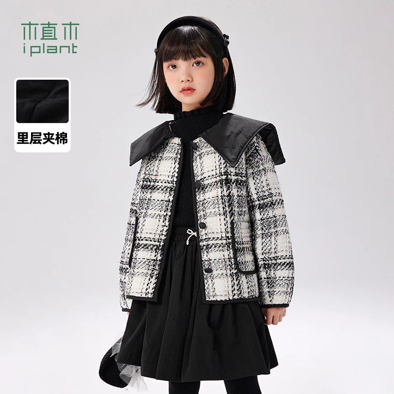 植木童装大翻领夹棉毛呢女童棉服2023冬装新款儿童外套43V257426