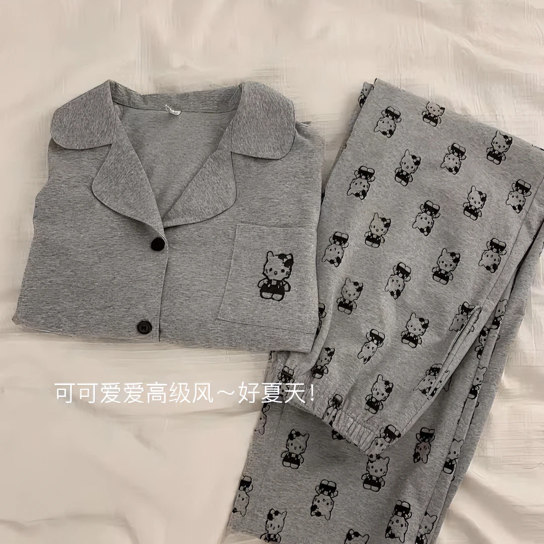 少女凯蒂猫印花短袖睡衣女夏季2024年新款开衫长裤家居服休闲套装