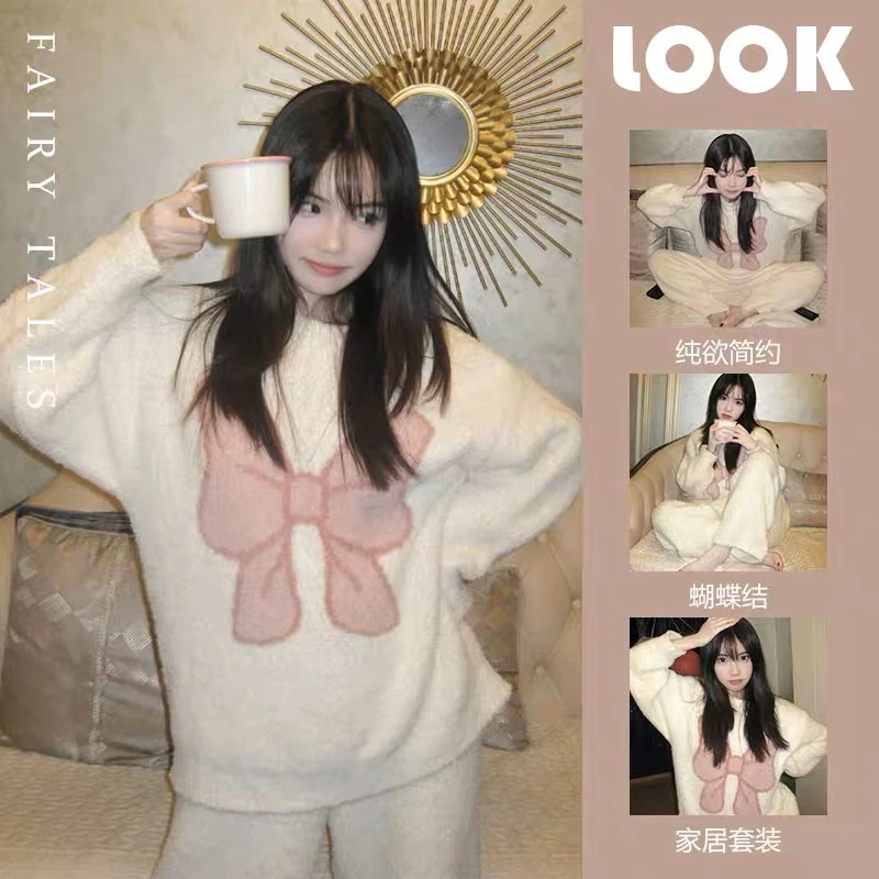 甜美少女蝴蝶结毛绒针织睡衣女冬款2025年新加绒加厚宽松家居套装