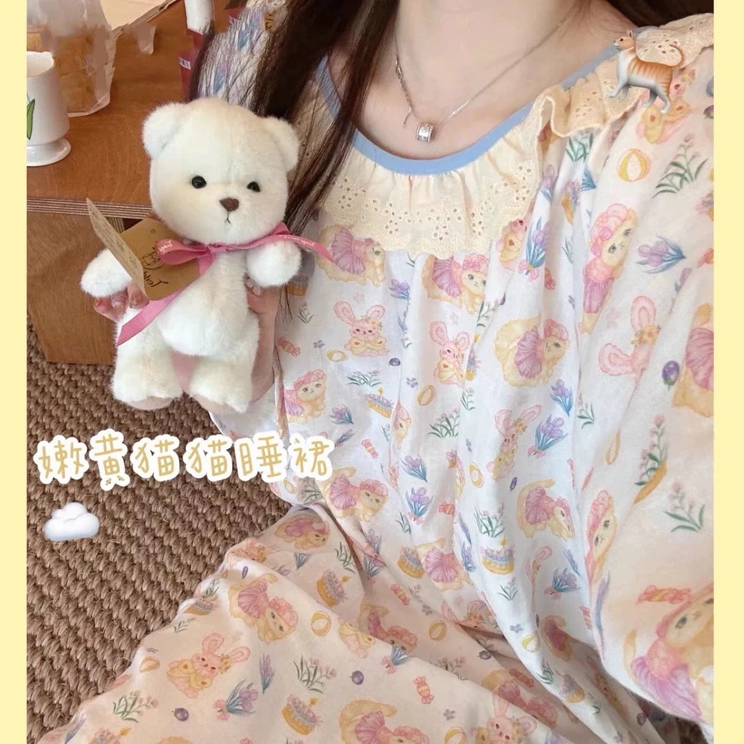 可爱小猫印花长袖睡衣女春秋款2024新款甜美卡通睡裙家居服连衣裙