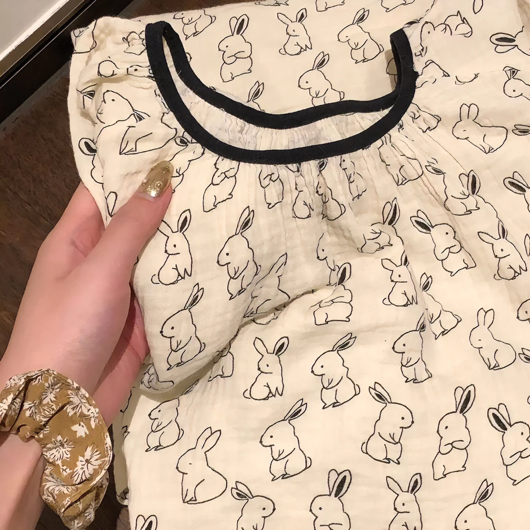 圆领短袖睡裙女夏季甜美少女可爱卡通网红小兔子印花宽松大码睡裙