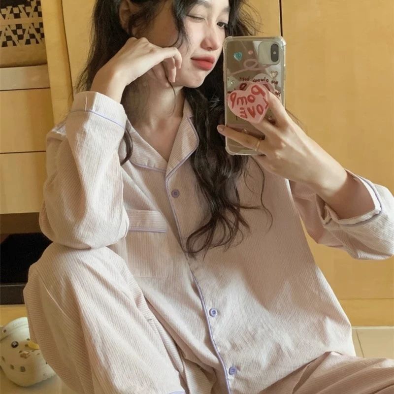 秋冬新款韩国ins网红长袖开衫睡衣女日系条纹休闲长裤家居服套装