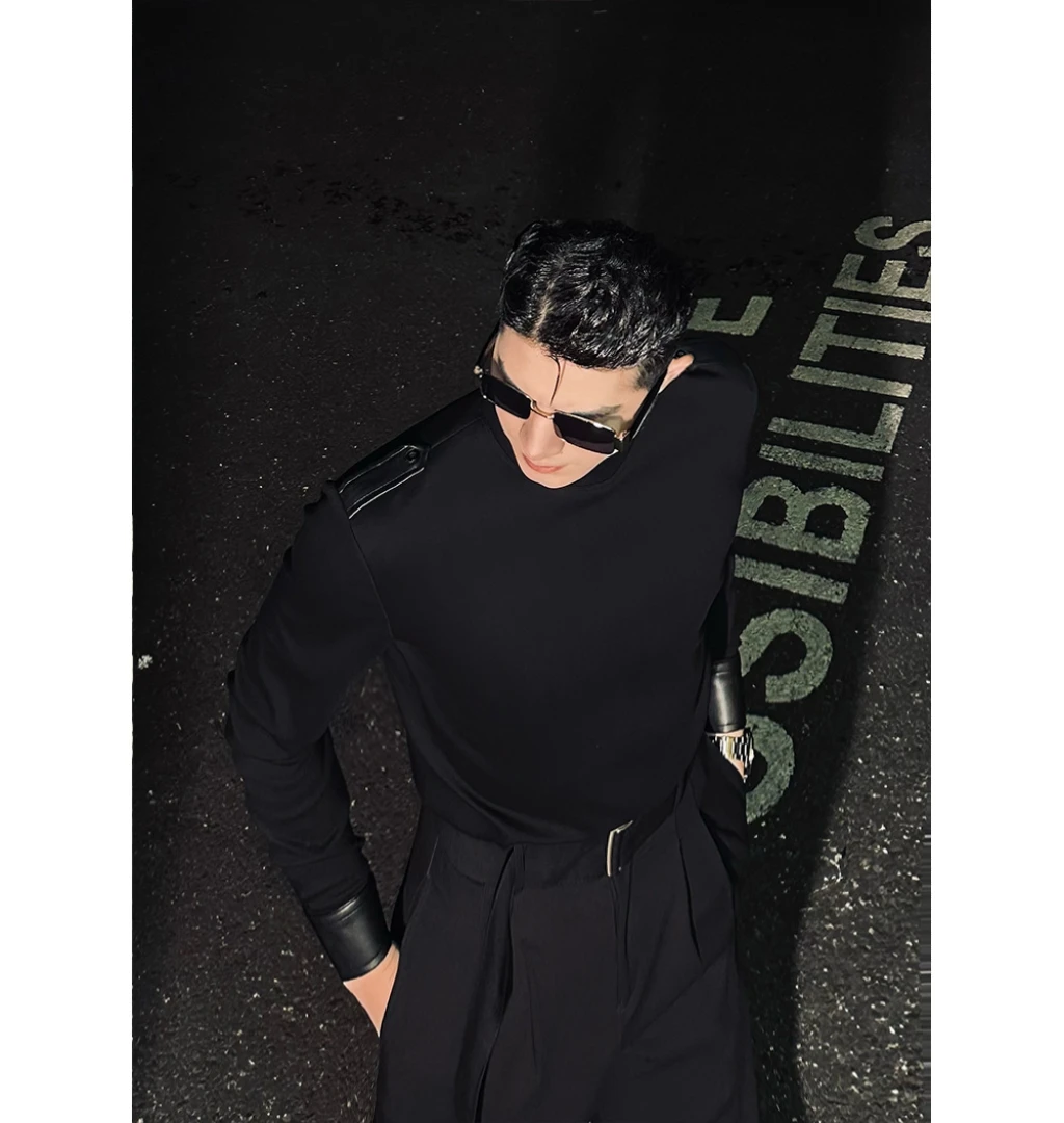 L-YDONG【硬派工装】轻奢百搭时尚潮流半高领修身版拼皮打底衫7919