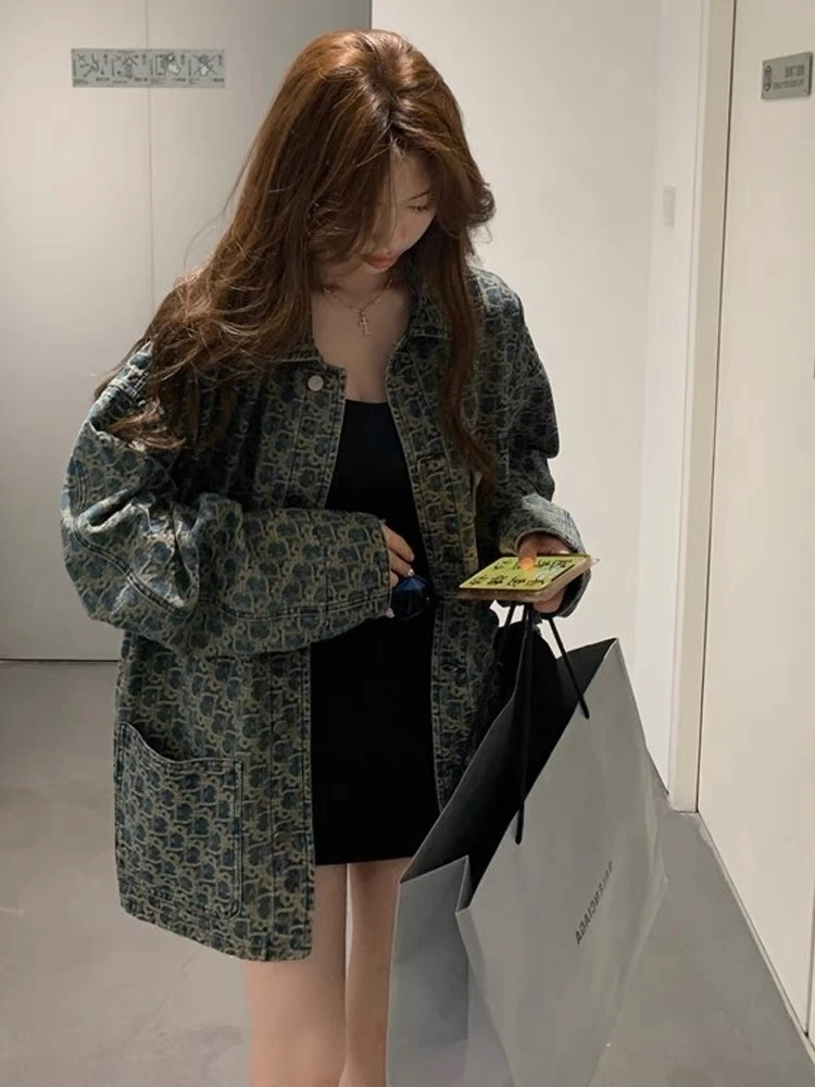 美式复古印花牛仔外套女春秋新款设计感休闲宽松百搭显瘦夹克上衣