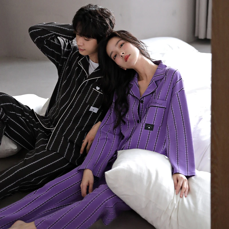 猫人100%纯棉睡衣情侣套装男款春秋季长袖开衫女士条纹高档家居服