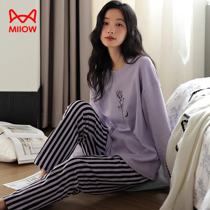猫人睡衣女春秋季新款女士纯棉胸垫款长袖长裤大码宽松家居服套装