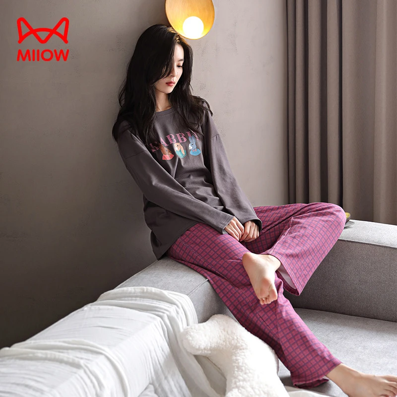 猫人经典纯棉睡衣春秋季大码长袖圆领套装2025新款休闲家居服