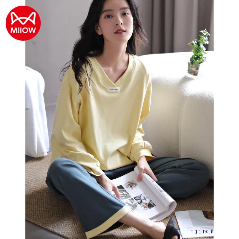 猫人100纯棉睡衣女秋款长袖套头V领少女休闲韩版春秋季家居服套装
