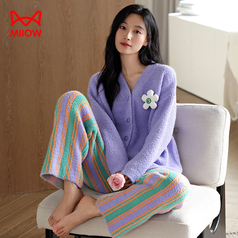 猫人睡衣女秋冬季2025新款半边绒加绒加厚可居家可外穿家居服套装