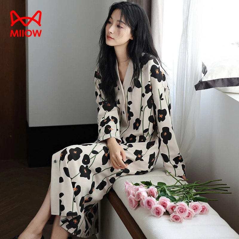 猫人睡衣女睡裙春秋季纯棉长袖2025新款中长款舒适家居服连衣裙