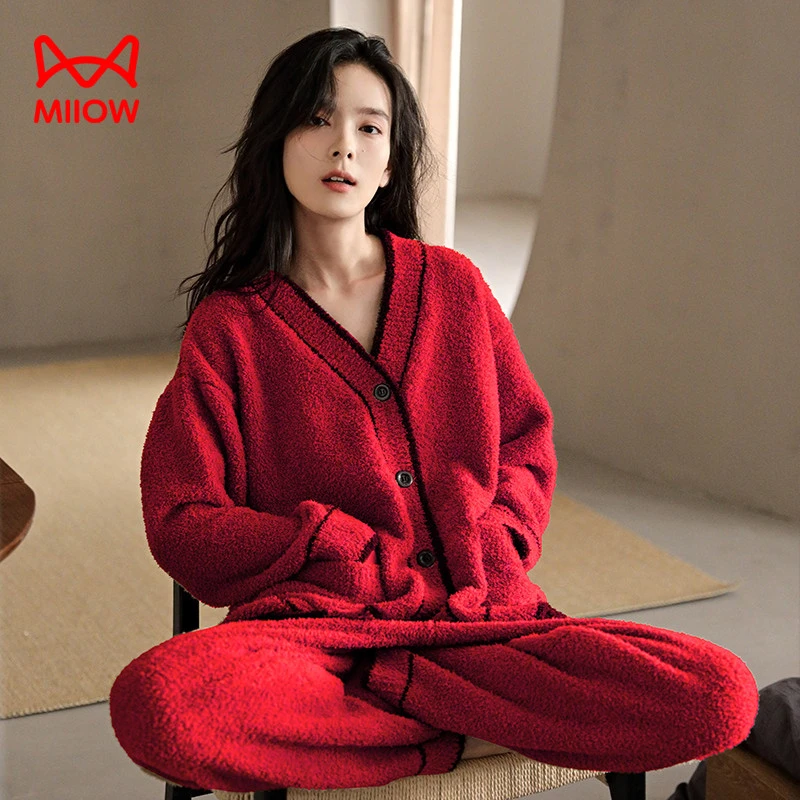 猫人半边绒睡衣女保暖秋冬季外穿加绒加厚珊瑚绒大红家居服冬套装