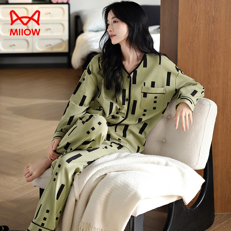 (高支纯棉)猫人睡衣女2025新款春秋季薄款长袖家居服可外穿套装